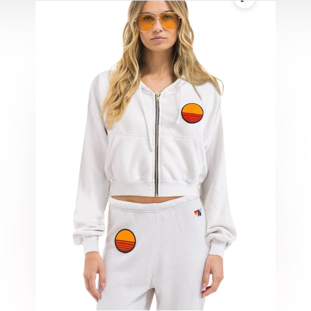 Aviator Nation SUNSET PATCH RELAXED CROPPED ZIP HOODIE - DOVE sz M
